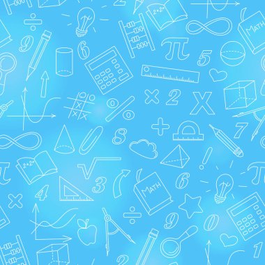 Matematik Tema ve öğrenme, parlak anahat üzerinde mavi bir arka plan üzerinde basit simgeleri ile sorunsuz arka plan