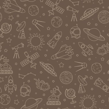 Uzay ve uzay uçuşu, kahverengi bir arka plan üzerinde bej anahat konulu seamless modeli