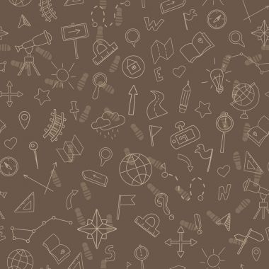 Coğrafya ve seyahat, kahverengi bir arka plan üzerinde bej anahat tema üzerinde çizilmiş el işaretleri ile Seamless Modeli