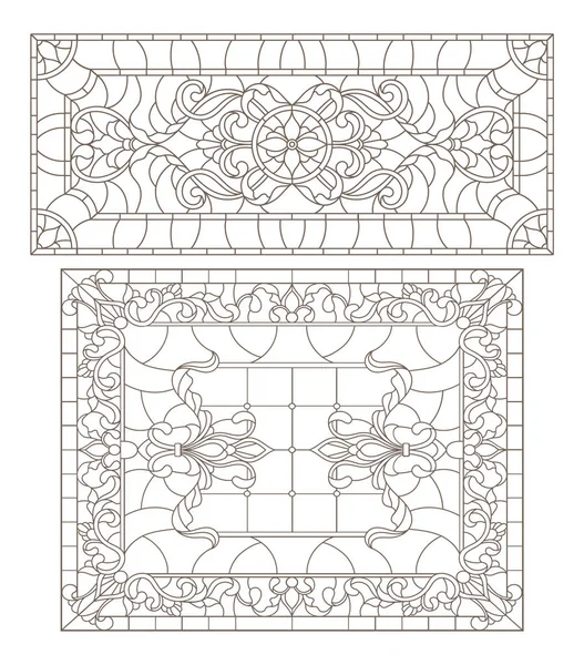 Set illustrazioni di contorno di vetrate con turbinii astratti e fiori, orientamento orizzontale — Vettoriale Stock