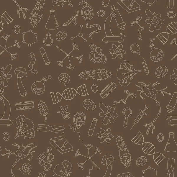 Fondo sin costuras con iconos dibujados a mano sobre el tema de la biología, contorno beige sobre un fondo marrón — Vector de stock