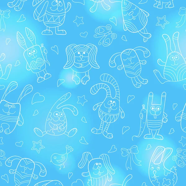 Seamless pattern with contour images of cartoon rabbits , white outline on a blue background — Stock Vector