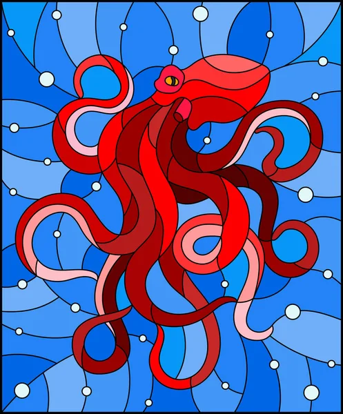 Illustrazione in stile vetrate con polpo rosso astratto contro un mare blu e bolle — Vettoriale Stock
