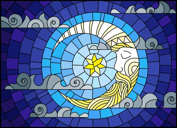 Illustration im Glasmalereistil mit Mond auf bewölktem Himmelshintergrund, horizontale Ausrichtung — Stockvektor