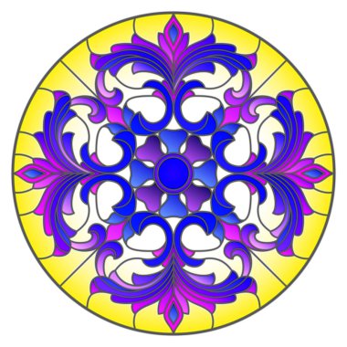 Vitray stil soyut çiçekli resimde bırakır ve swirls, beyaz arka plan üzerinde dairesel görüntü