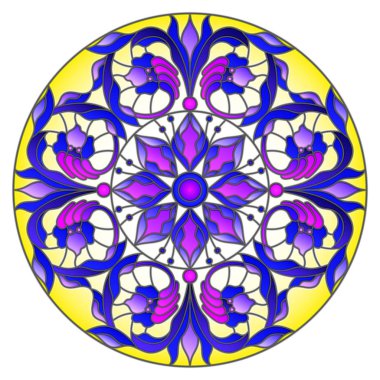 Vitray stil soyut çiçekli resimde bırakır ve swirls, beyaz arka plan üzerinde dairesel görüntü