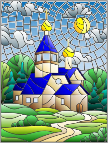 Ilustración en estilo vidriera con Iglesia en el fondo del paisaje de verano, una Iglesia en el fondo del cielo soleado y árboles verdes — Vector de stock
