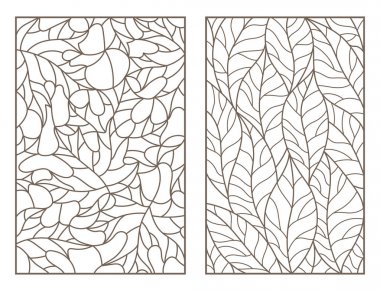 Vitray Windows ile farklı ağaç, ışık arka plan üzerinde koyu özetliyor bırakır anahat çizimleri kümesi