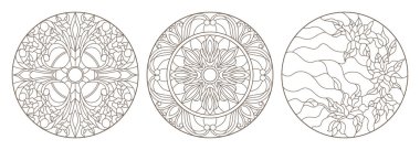 Vitray, vitray çiçek, karanlık Anahat Beyaz bir arka plan üzerinde yuvarlak kontur çizimleri ayarla