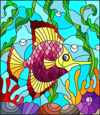 İllüstrasyon soyut renkli egzotik balık deniz yosunu, mercan ve kabukları ile vitray tarzında
