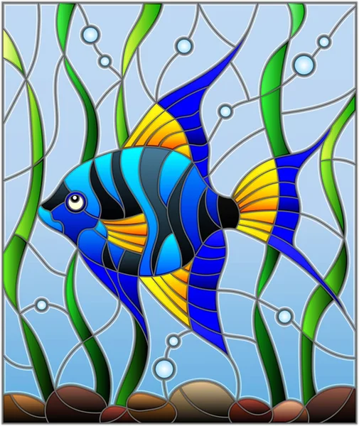Иллюстрация в витражном стиле голубой рыбы скаляр на фоне воды и водорослей — стоковый вектор