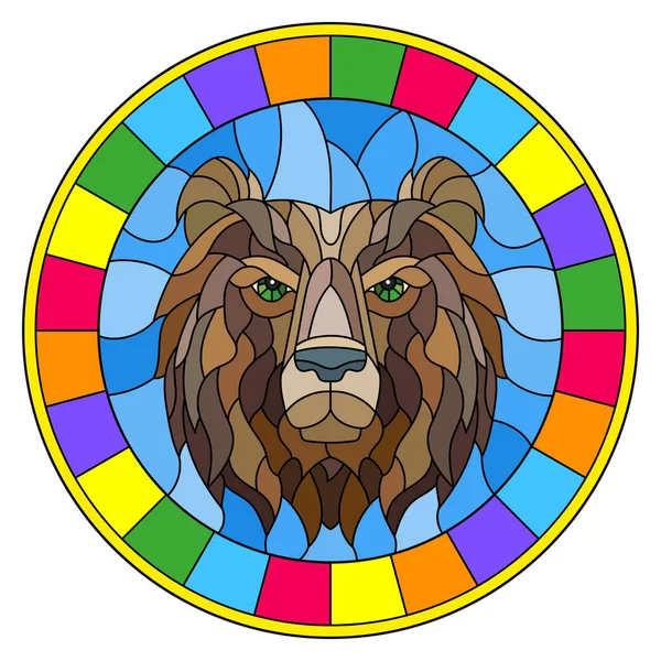 La ilustración en pintura estilo vitral con la cabeza de un oso, una imagen circular con marco brillante — Vector de stock