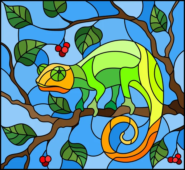 Illustration i målat glas stil med ljusa gröna kameleonten på planta grenar bakgrund med blad och bär på blå bakgrund — Stock vektor