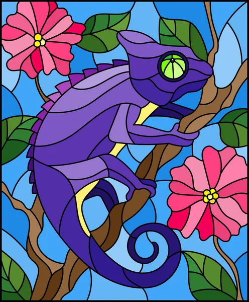 Иллюстрация в витражном стиле с ярко-фиолетовым хамелеоном на фоне ветвей растений с листьями и цветами на синем фоне — стоковый вектор