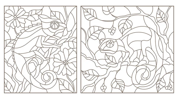 Set van contour illustraties van gebrandschilderd glas Windows met kameleons op boom takken donkere contouren op een lichte achtergrond — Stockvector