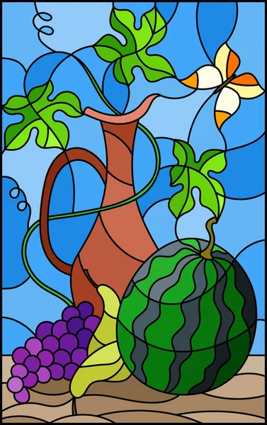 例证在被着色的玻璃样式与静物, 果子, 莓果和水罐在蓝色背景 — 图库矢量图片