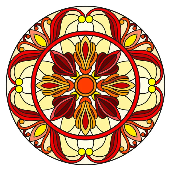Illustration en vitrail avec fleurs abstraites, feuilles et tourbillons, image circulaire sur fond blanc — Image vectorielle