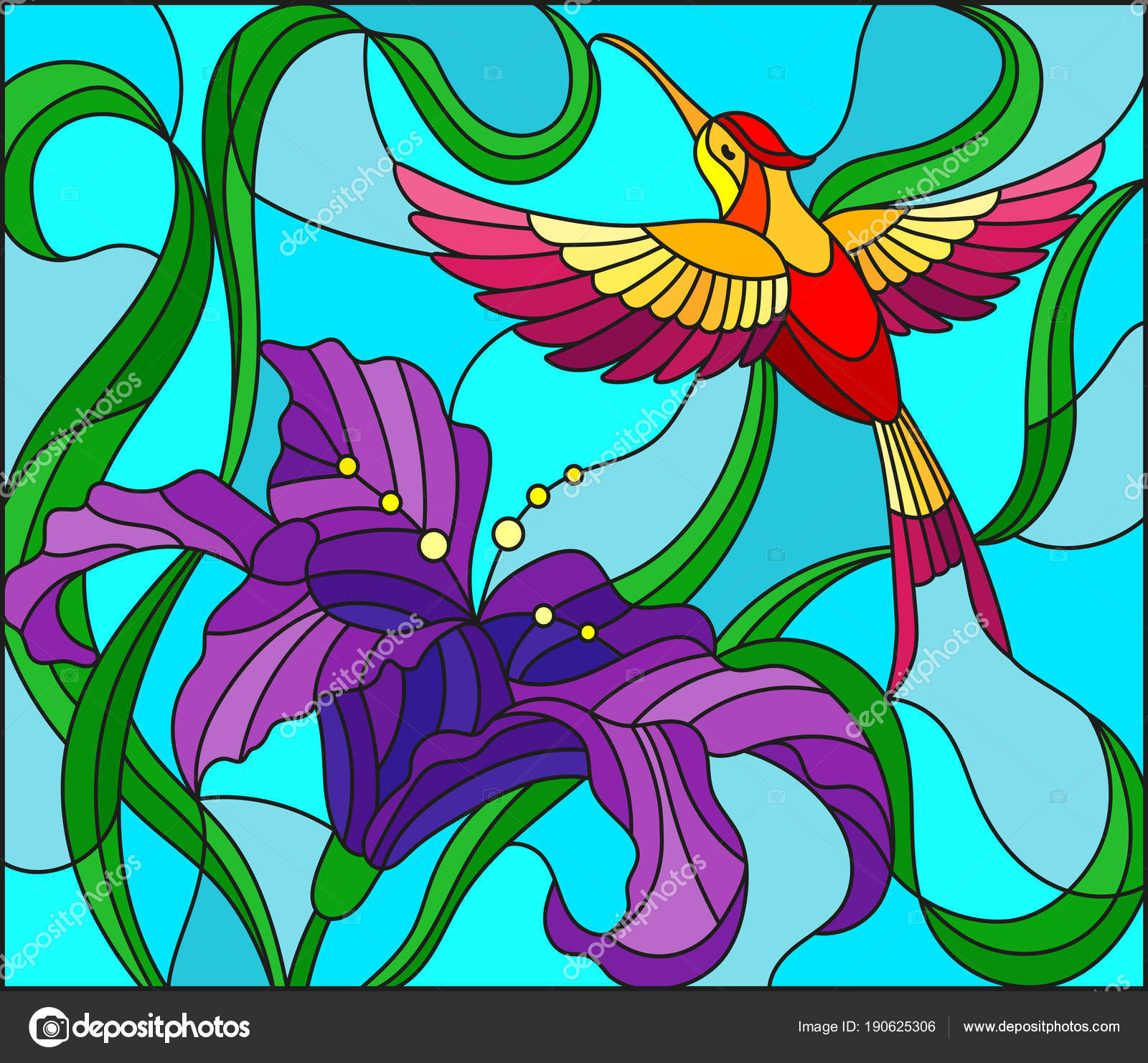 Bright Painting of Colibri among Leaves. Stock Illustration