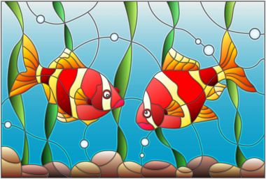 Su ve yosun vitray tarzı balıklar barbs ve arka plan üzerinde bir çift ile çizimi