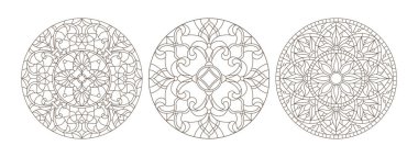 Vitray, vitray çiçek, karanlık Anahat Beyaz bir arka plan üzerinde yuvarlak kontur çizimleri ayarla