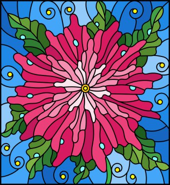 Vitray pencere stili illüstrasyon soyut Pembe çiçek yaprakları ve mavi zemin üzerine çiğ damlaları ile