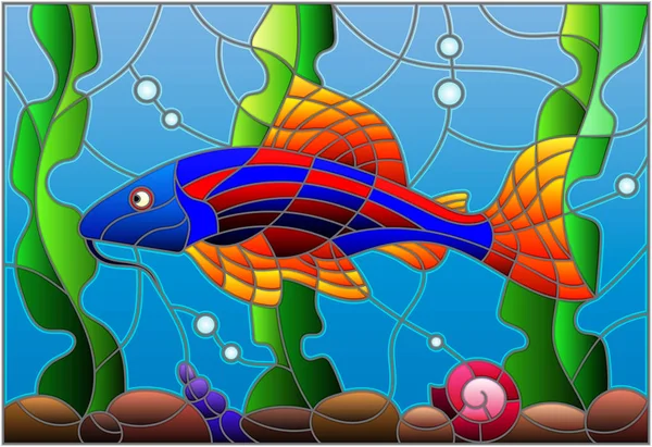 水和藻类背景下有一只明亮的鲶鱼的彩色玻璃风格插图 — 图库矢量图片