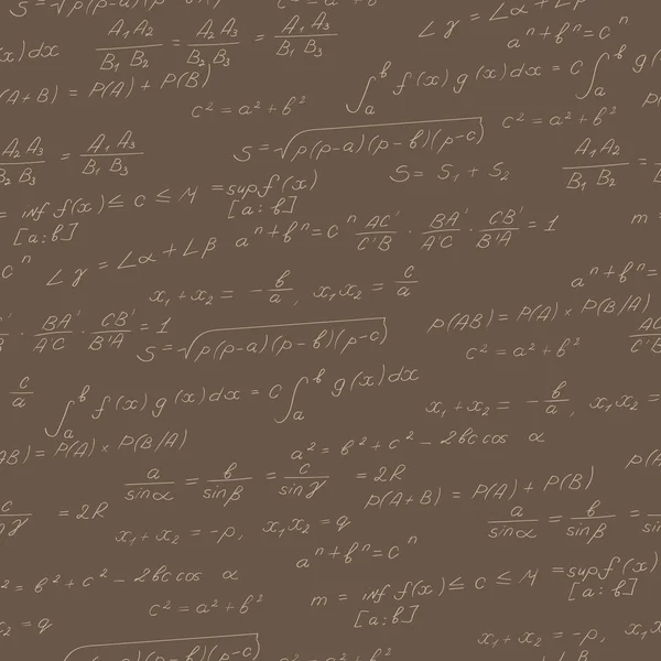 Patrón sin costuras sobre el tema de las matemáticas, fórmulas, teoremas, contorno beige sobre un fondo marrón — Vector de stock