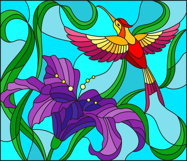 Illustration en style vitrail avec Colibri lumineux contre le ciel, le feuillage et la fleur de Lys pourpre — Image vectorielle