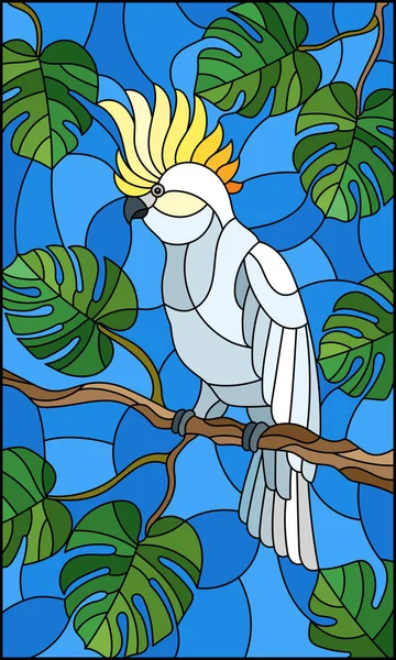 Εικονογράφηση στο χρωματισμένο γυαλί στυλ πουλί λευκό είδος ψιττακού παπαγάλος στον κλάδο τροπικό δέντρο ενάντια στον ουρανό — Διανυσματικό Αρχείο