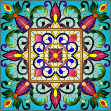 Çizimde vitray stil, çiçek süs eşyaları ve swirls ile kare ayna görüntüsü