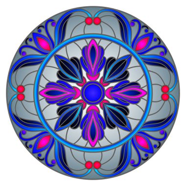 Vitray stil soyut çiçekli resimde bırakır ve swirls, gri arka plan üzerinde dairesel görüntü