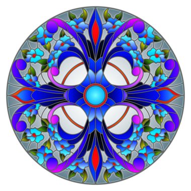 Vitray stil soyut çiçekli resimde bırakır ve swirls, gri arka plan üzerinde dairesel görüntü