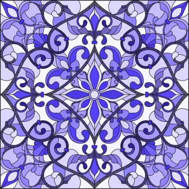 İllüstrasyon soyut vitray tarzında swirls ve bir açık renkli, kare resim, gama mavi yaprakları