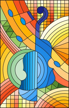 Vitray tarzı konuyla ilgili illüstrasyon müzik, soyut bir keman geometrik arka plan üzerinde şekil