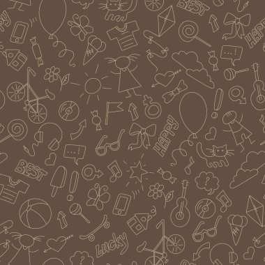 Çocukluk, eğlenceli ve dostluk, basit çizilmiş simgeler, kahverengi bir arka plan üzerinde bej anahat temalı seamless modeli