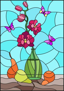 Vitray tarzı buketleri ile resimde yeşil vazo, kelebekler ve armut mavi zemin üzerine masada pembe orkide