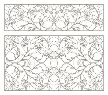 Kontur vitray resimler beyaz arka planda, yatay yönlendirme karanlık kontür soyut simetrik çiçekli set