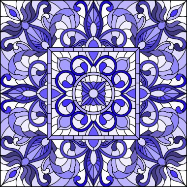 İllüstrasyon soyut vitray tarzında swirls ve bir açık renkli, kare resim, gama mavi yaprakları