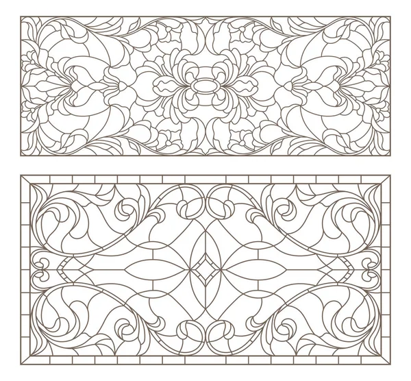 Série d'illustrations de contour de vitraux avec tourbillons abstraits et fleurs, orientation horizontale — Image vectorielle