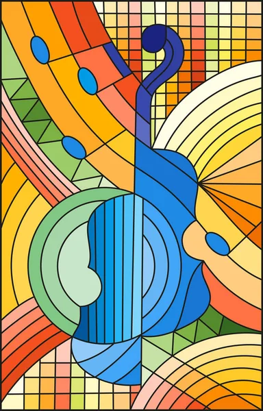 Illustration in Glasmalerei zum Thema Musik, die Form einer abstrakten Geige auf geometrischem Hintergrund — Stockvektor