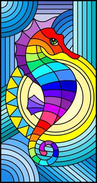 Ilustrace v vitráže stylu s Fantastické abstraktní ryb seahorse, duha ryby na modrém pozadí — Stockový vektor