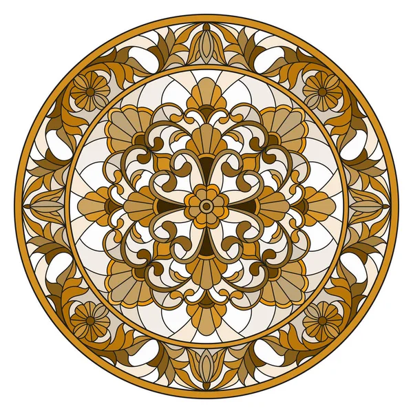 ステンドグラススタイルのイラスト 花の装飾や渦巻きと丸い鏡像 茶色のトーン セピア — ストックベクタ
