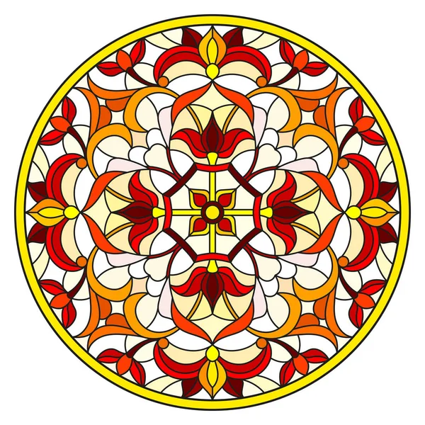 Illustration i målat glas stil med abstrakta blommor, blad och virvlar, cirkulär bild på vit bakgrund — Stock vektor