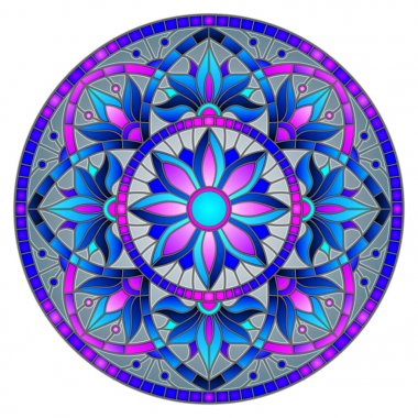 Vitray stil soyut çiçekli resimde bırakır ve swirls, gri arka plan üzerinde dairesel görüntü