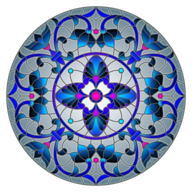 Vitray stil soyut çiçekli resimde bırakır ve swirls, gri arka plan üzerinde dairesel görüntü