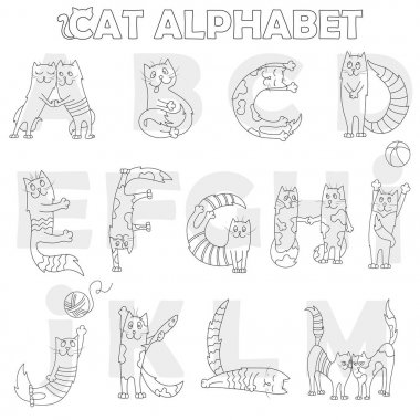 Latin alfabesi, Bölüm 1, a m, komik karikatür kedi mektupları, şeklinde beyaz zemin üzerine koyu anahatları ile kitap boyama