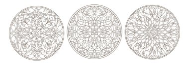 Vitray, vitray çiçek süsleri, yuvarlak beyaz zemin üzerine koyu anahat kontur çizimleri ayarla