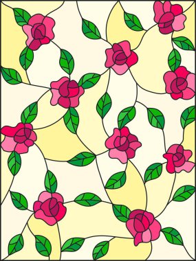 İç içe pembe Gül ve sarı bir arka plan yapraklarda vitray tarzı çizimi