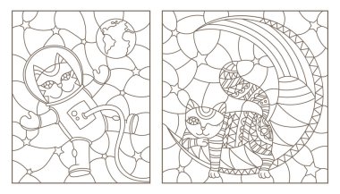 Kontur vitray resimler komik kediler, kedi astronot ve ayda, uyuyan kedi beyaz zemin üzerine koyu kontür kümesi