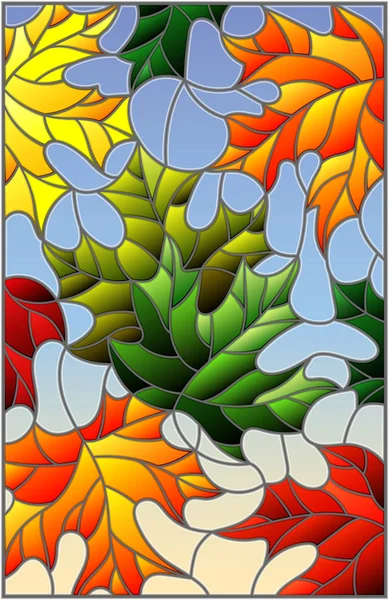 Ілюстрація у вітражному стилі з барвистим кленовим листям на синьому фоні — стоковий вектор